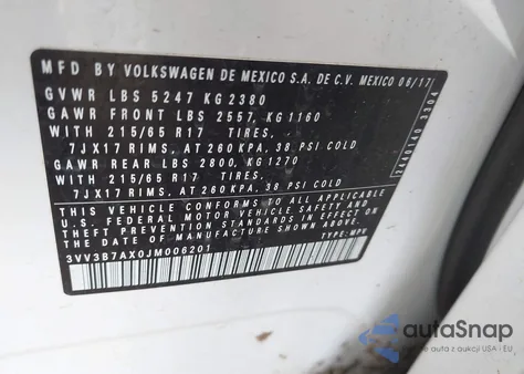 2018 Volkswagen Tiguan 2.0T Se/2.0T Sel из США, поврежденный, VIN 3VV3B7AX0JM006201